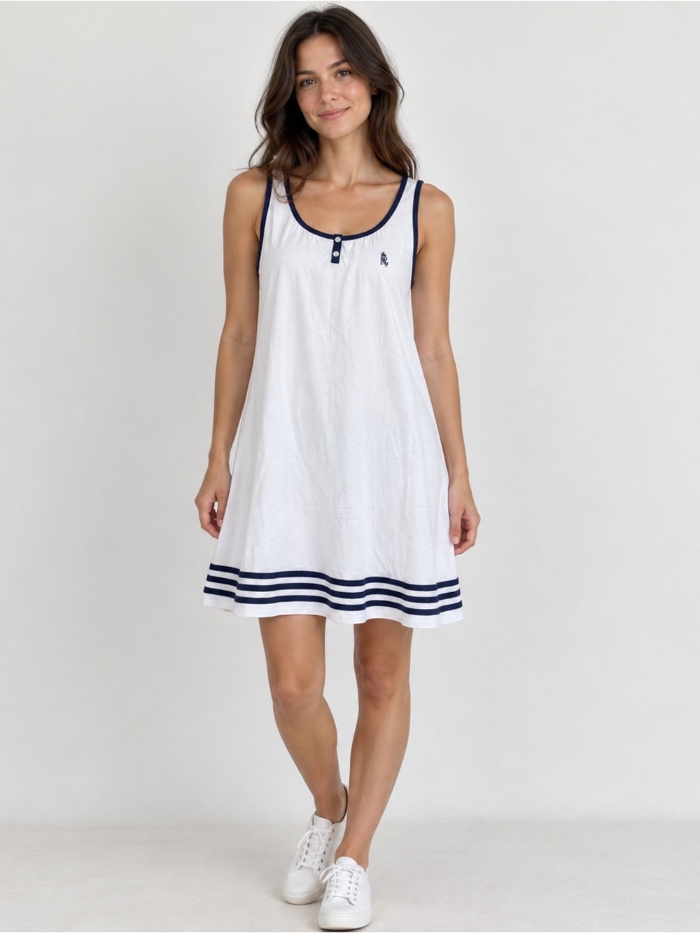 Lauren Ralph Lauren Dress Medium White Navy Sleeveless Knit Shift Tank Dress